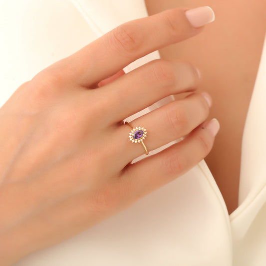Amethyst Oval Ring 8K/10K/14K Solid Gold Surrounded by Real Diamonds, February Birthstone Gift