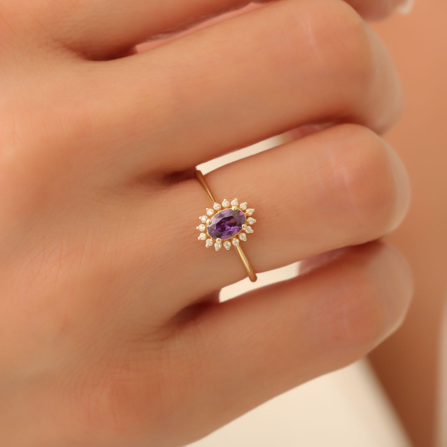 Amethyst Oval Ring 8K/10K/14K Solid Gold Surrounded by Real Diamonds, February Birthstone Gift