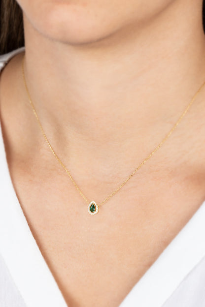 Emerald Drop Necklace in 14K Solid Gold with Real Diamonds Surrounded, May Birthstone Jewelry