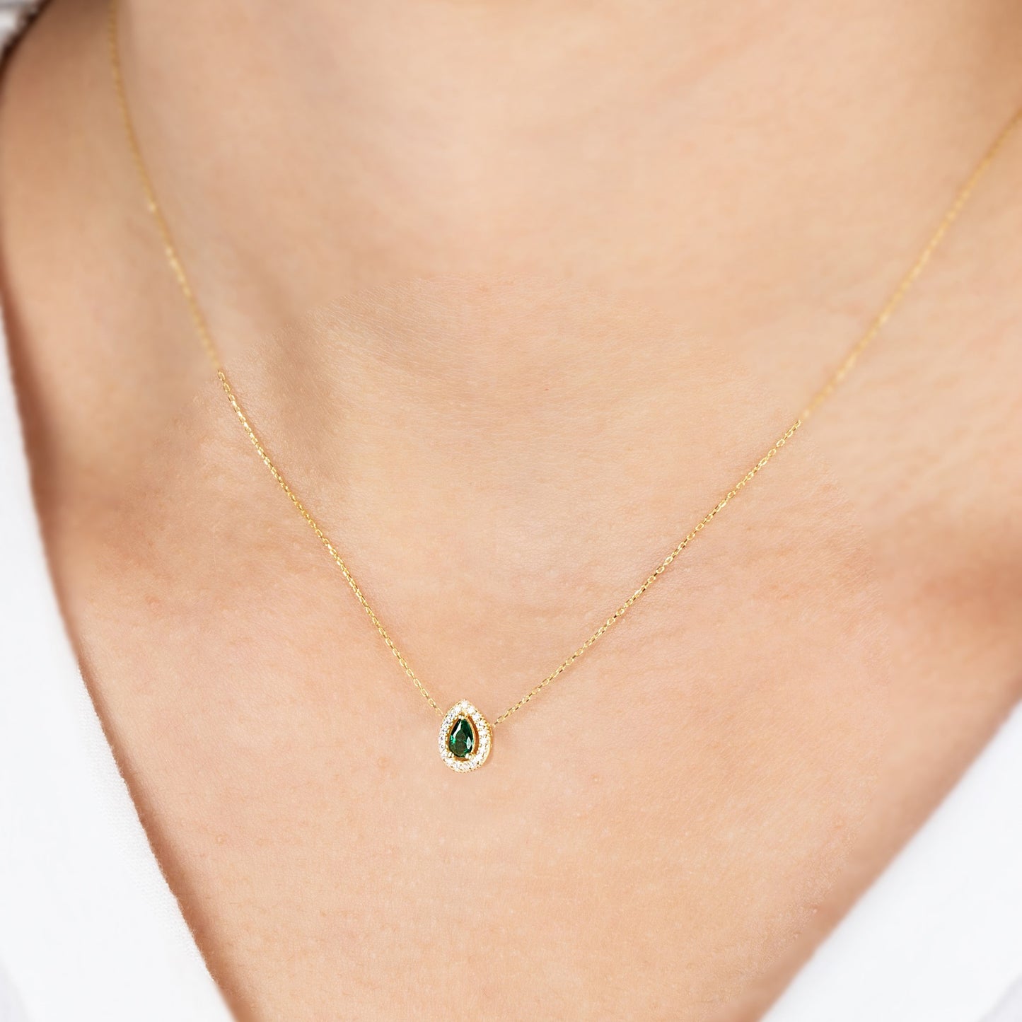 Emerald Drop Necklace in 14K Solid Gold with Real Diamonds Surrounded, May Birthstone Jewelry
