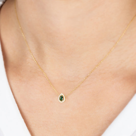 Emerald Drop Necklace in 14K Solid Gold with Real Diamonds Surrounded, May Birthstone Jewelry