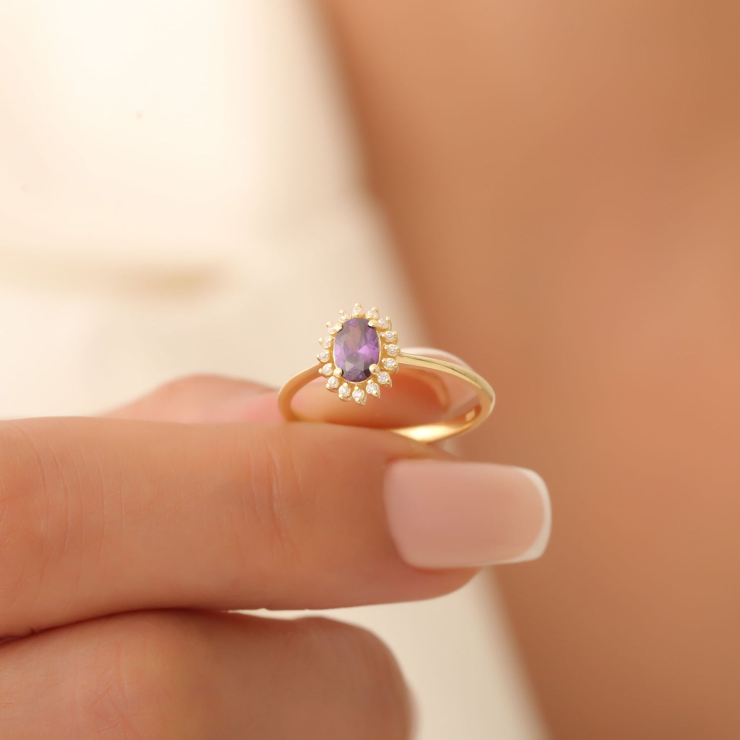 Amethyst Oval Ring 8K/10K/14K Solid Gold Surrounded by Real Diamonds, February Birthstone Gift