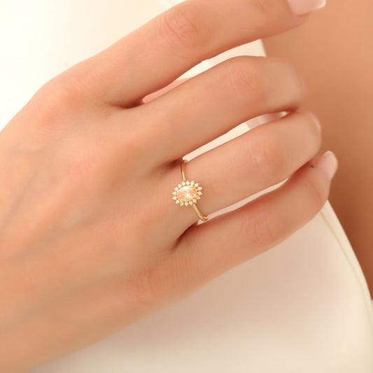 Citrine Oval Ring 8K/10K/14K Solid Gold Surrounded by Real Diamonds, November Birthstone Gift