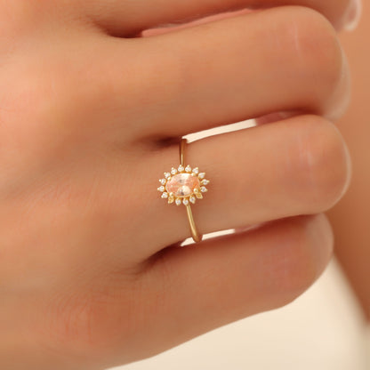 Citrine Oval Ring 8K/10K/14K Solid Gold Surrounded by Real Diamonds, November Birthstone Gift