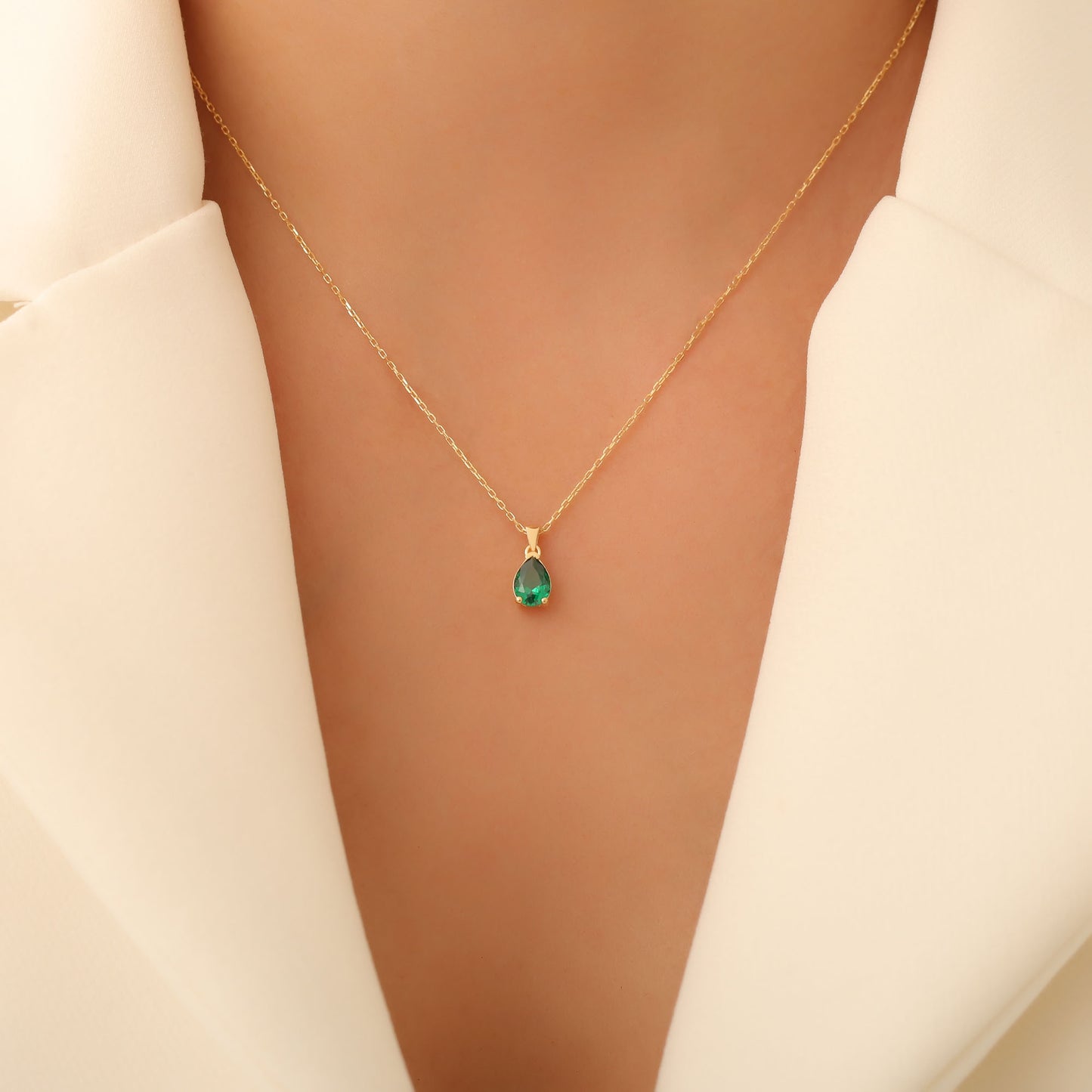 Drop Emerald Necklace in 14K Solid Gold, May Birthstone Pendant Queen Jewelry Necklace