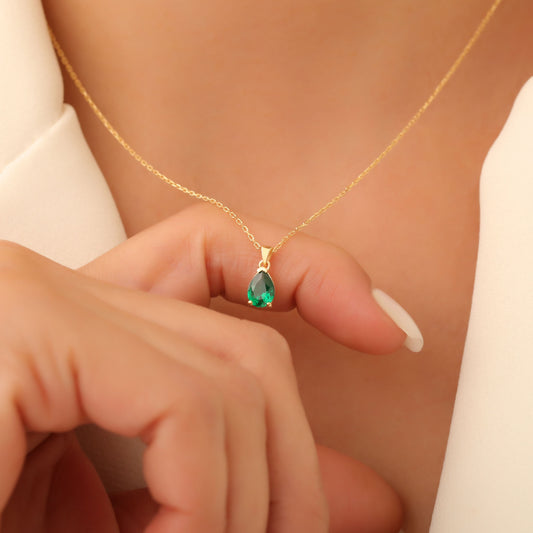 Drop Emerald Necklace in 14K Solid Gold, May Birthstone Pendant Queen Jewelry Necklace