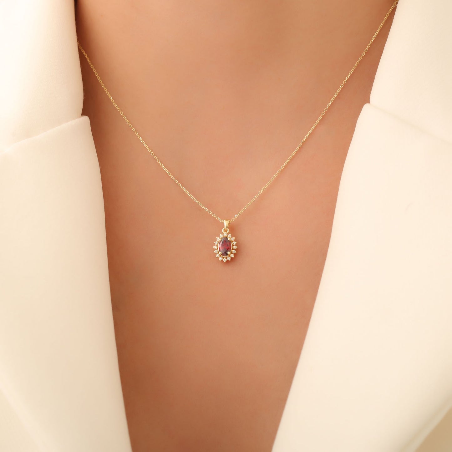 Oval Cut Garnet Necklace with Real Diamonds, 10K/14K Solid Gold, January Birthstone Pendant