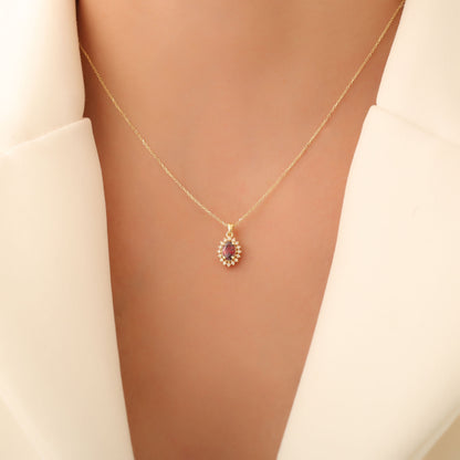 Oval Cut Garnet Necklace with Real Diamonds, 10K/14K Solid Gold, January Birthstone Pendant
