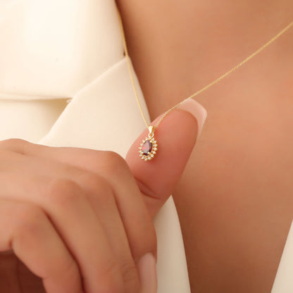 Oval Cut Garnet Necklace with Real Diamonds, 10K/14K Solid Gold, January Birthstone Pendant