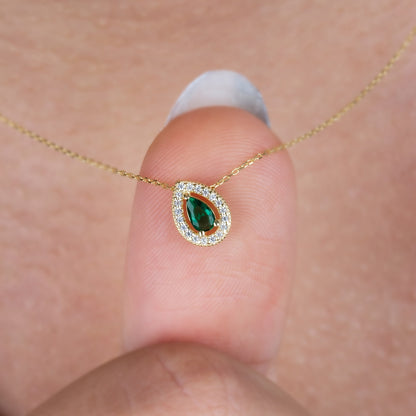 Emerald Drop Necklace in 14K Solid Gold with Real Diamonds Surrounded, May Birthstone Jewelry