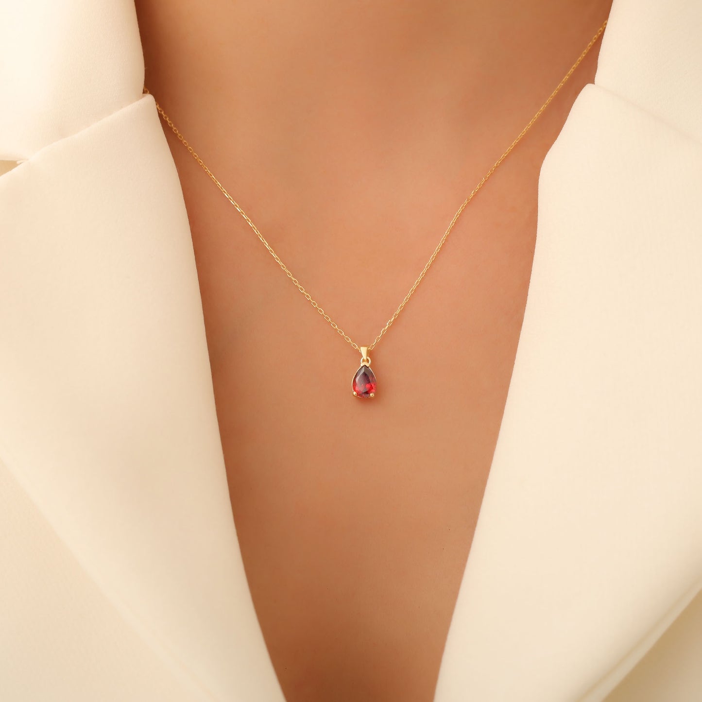 Drop Garnet Necklace in 14K Solid Gold, January Birthstone Pendant Queen Jewelry Necklace