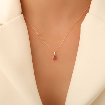 Drop Garnet Necklace in 14K Solid Gold, January Birthstone Pendant Queen Jewelry Necklace