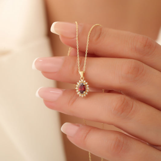 Oval Cut Garnet Necklace with Real Diamonds, 10K/14K Solid Gold, January Birthstone Pendant