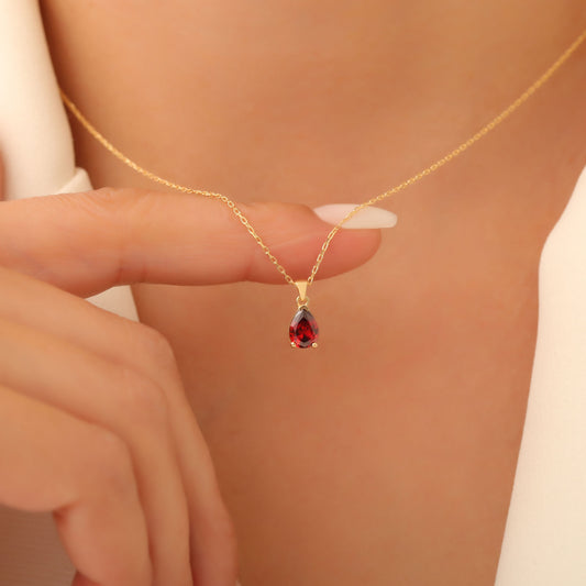 Drop Garnet Necklace in 14K Solid Gold, January Birthstone Pendant Queen Jewelry Necklace