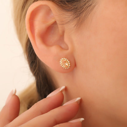 Oval Cut Citrine Stud Earring Surrounded by Real Diamonds, 10K/14K Solid Gold, November Birthstone