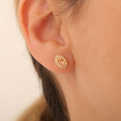 Oval Cut Citrine Stud Earring Surrounded by Real Diamonds, 10K/14K Solid Gold, November Birthstone