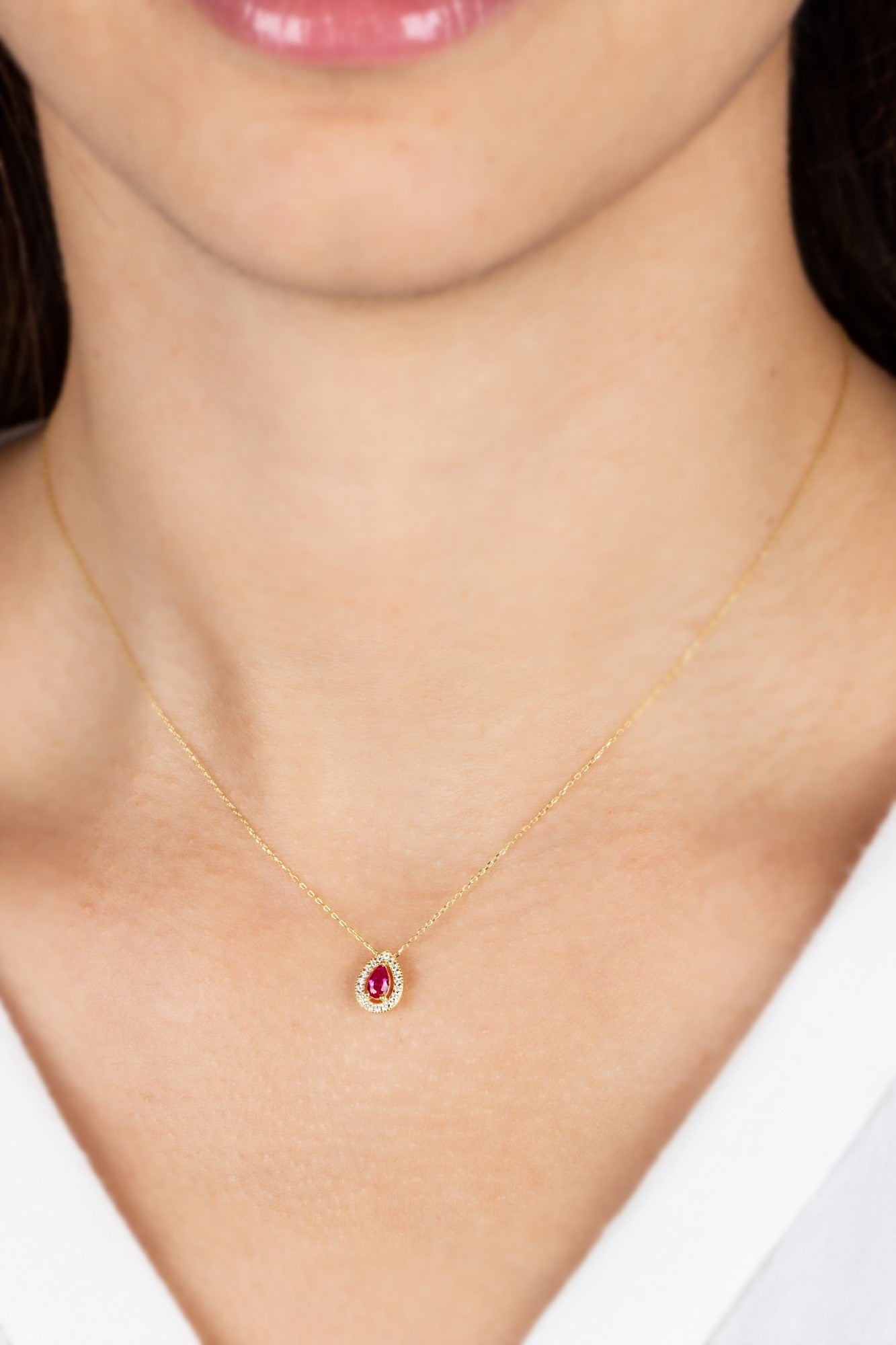Ruby Drop Necklace in 14K Solid Gold with Real Diamonds Surrounded, July Birthstone Jewelry