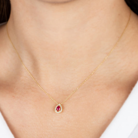 Ruby Drop Necklace in 14K Solid Gold with Real Diamonds Surrounded, July Birthstone Jewelry
