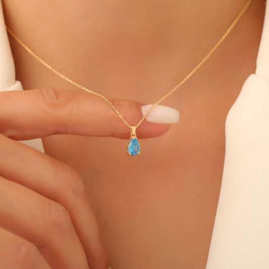 Drop Blue Topaz Necklace in 14K Solid Gold, December Birthstone Pendant Queen Jewelry Necklace