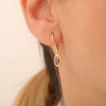 Oval Cut Garnet Dangling Earring Surrounded by Real Diamonds, 8K/10K/14K Solid Gold, January Birthstone