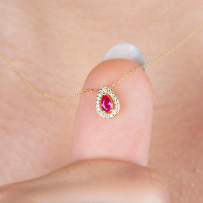 Ruby Drop Necklace in 14K Solid Gold with Real Diamonds Surrounded, July Birthstone Jewelry