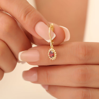 Oval Cut Garnet Dangling Earring Surrounded by Real Diamonds, 8K/10K/14K Solid Gold, January Birthstone
