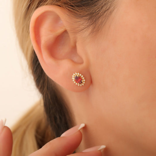 Oval Cut Garnet Stud Earring Surrounded by Real Diamonds, 10K/14K Solid Gold, January Birthstone