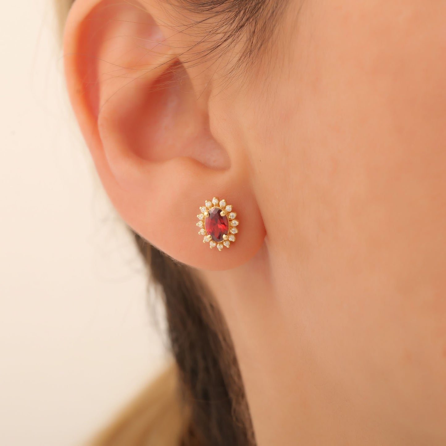 Oval Cut Garnet Stud Earring Surrounded by Real Diamonds, 10K/14K Solid Gold, January Birthstone