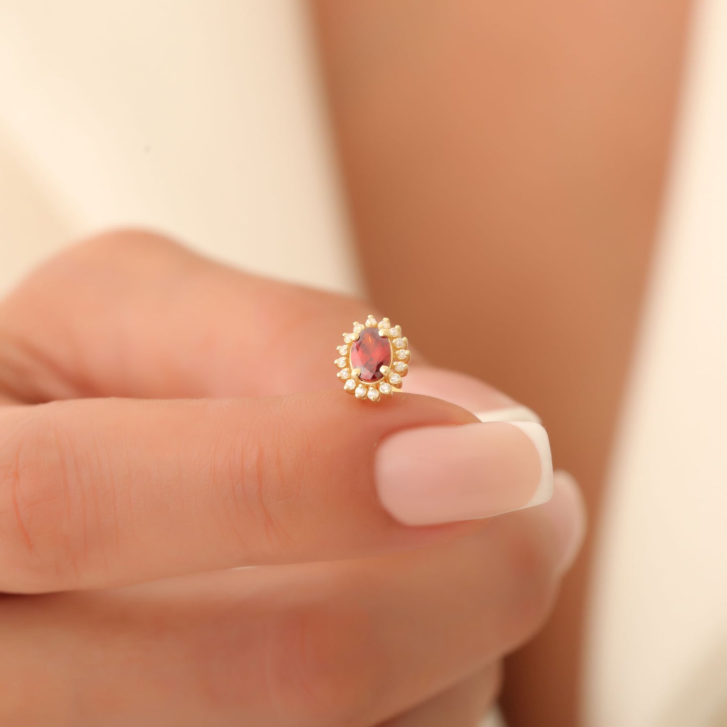Oval Cut Garnet Stud Earring Surrounded by Real Diamonds, 10K/14K Solid Gold, January Birthstone
