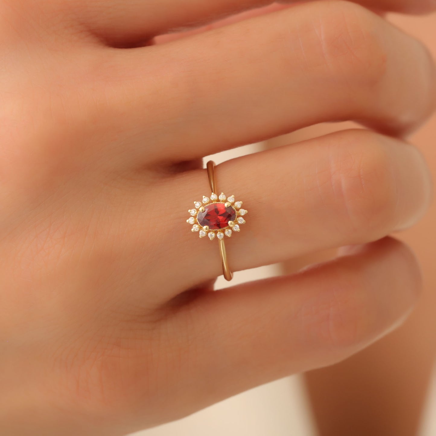 Garnet Oval Ring 8K/10K/14K Solid Gold Surrounded by Real Diamonds, January Birthstone Gift