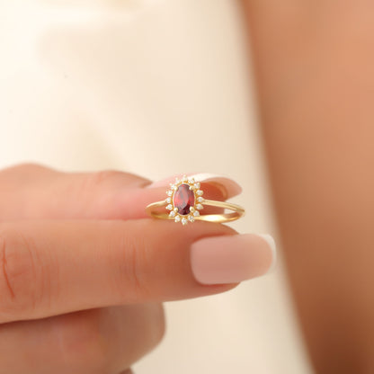 Garnet Oval Ring 8K/10K/14K Solid Gold Surrounded by Real Diamonds, January Birthstone Gift