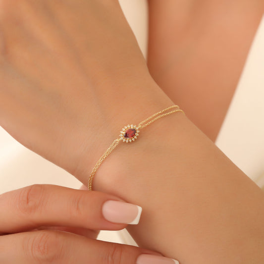 Garnet Oval Bracelet 8K/10K/14K Solid Gold Surrounded by Real Diamonds, January Birthstone Gift