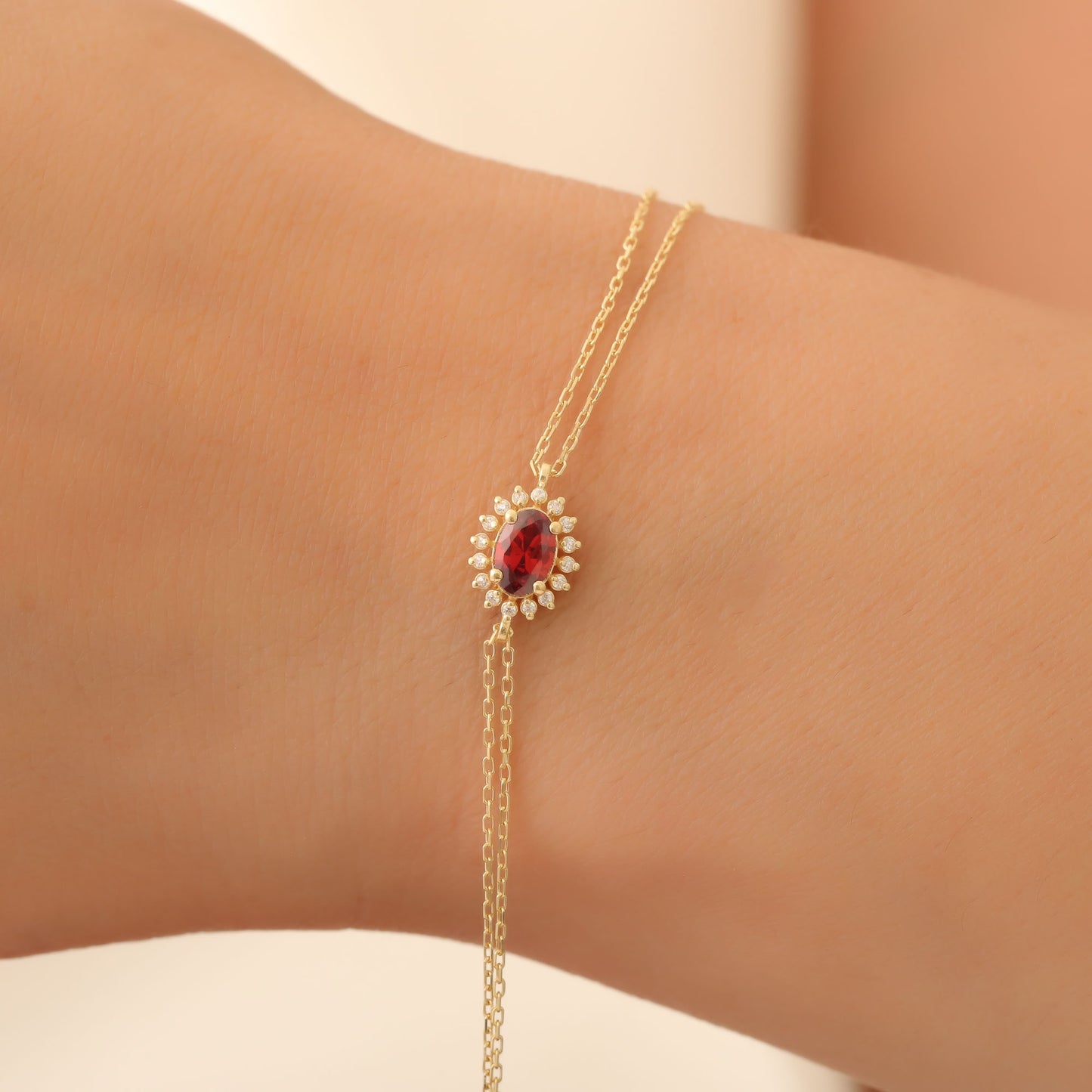 Garnet Oval Bracelet 8K/10K/14K Solid Gold Surrounded by Real Diamonds, January Birthstone Gift
