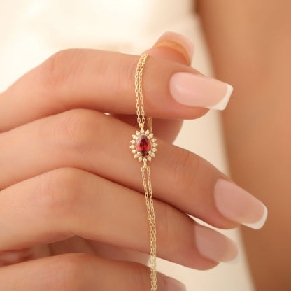 Garnet Oval Bracelet 8K/10K/14K Solid Gold Surrounded by Real Diamonds, January Birthstone Gift