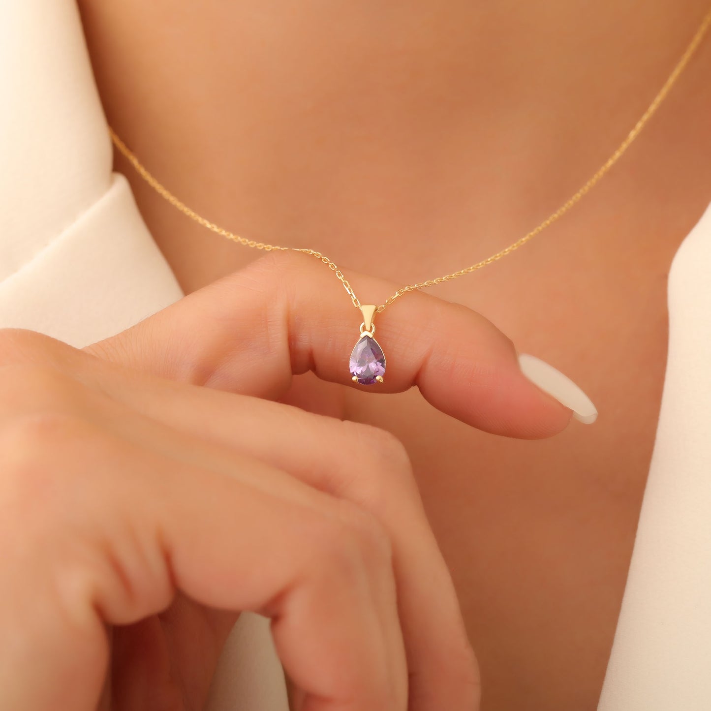 Drop Amethyst Necklace in 14K Solid Gold, February Birthstone Pendant Queen Jewelry Necklace