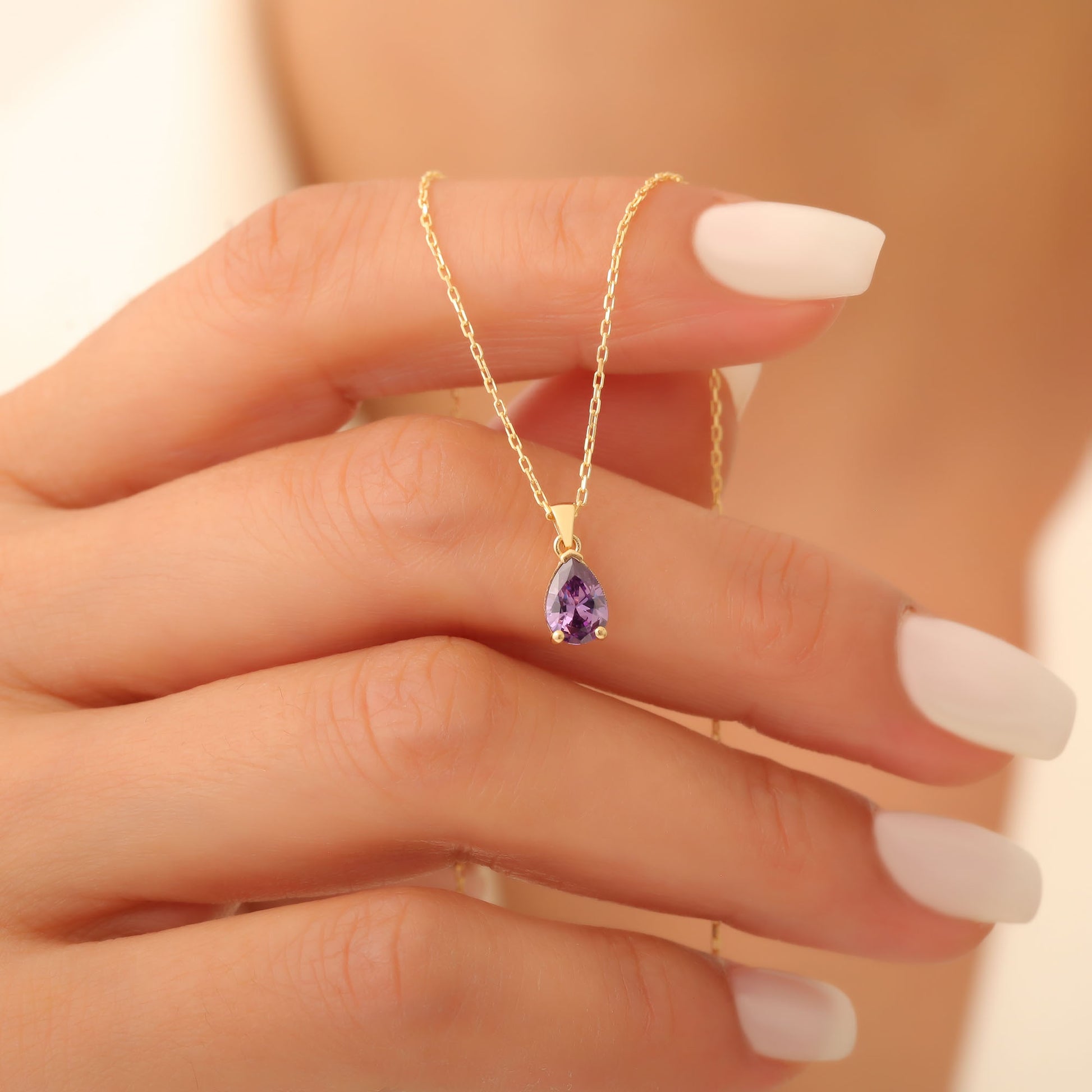 Drop Amethyst Necklace in 14K Solid Gold, February Birthstone Pendant Queen Jewelry Necklace