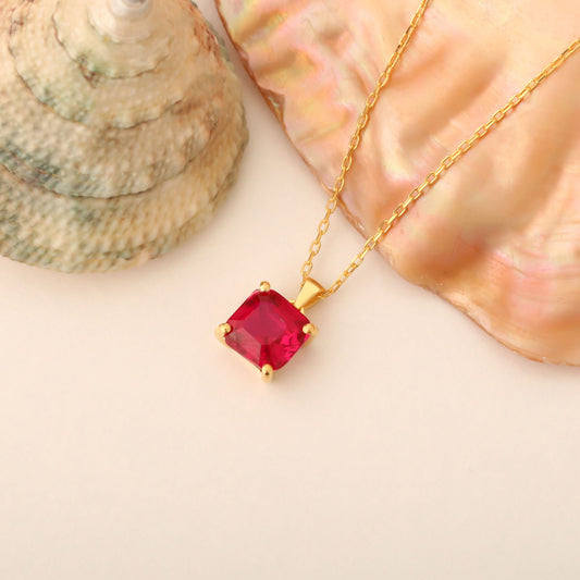 Ruby Square Necklace in 14K Solid Gold | July Birthstone Pendant Queen Jewelry Necklace