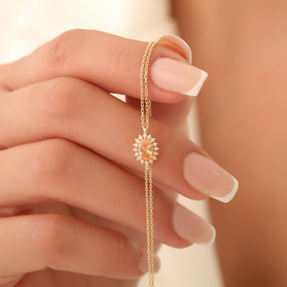 Citrine Oval Bracelet 8K/10K/14K Solid Gold Surrounded by Real Diamonds, November Birthstone Gift