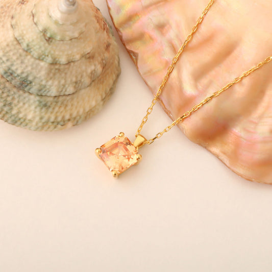 Citrine Square Necklace in 14K Solid Gold | November Birthstone Pendant Queen Jewelry Necklace