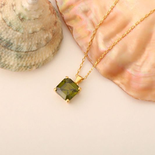 Peridot Square Necklace in 14K Solid Gold | August Birthstone Pendant Queen Jewelry Necklace
