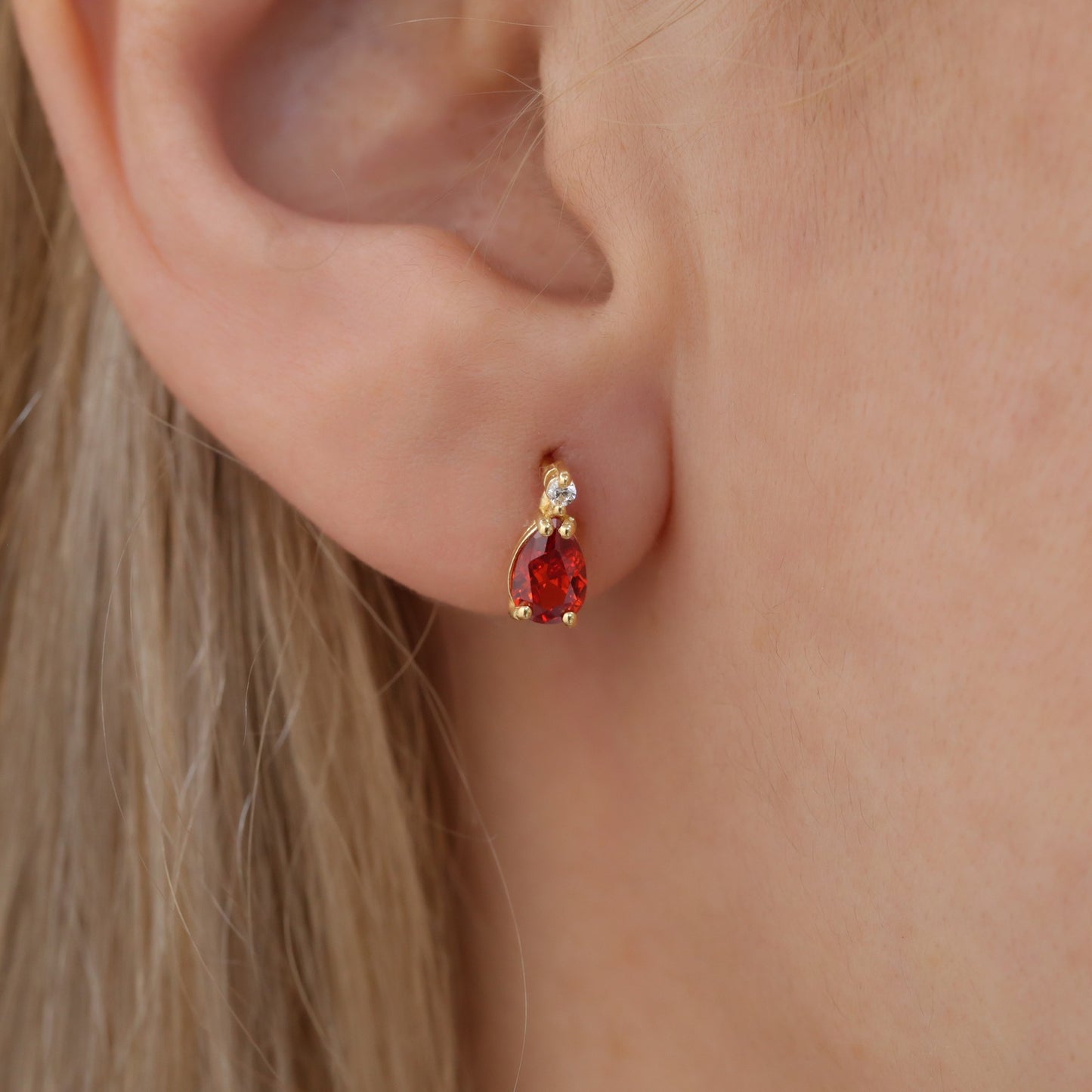 Garnet Drop Stud Earrings in 10K/14K Solid Gold with Real Diamond, January Birthstone Jewelry