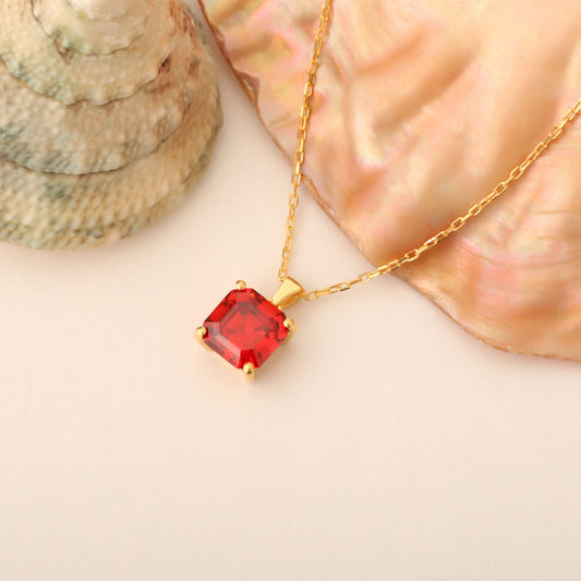 Garnet Square Necklace in 14K Solid Gold | January Birthstone Pendant Queen Jewelry Necklace
