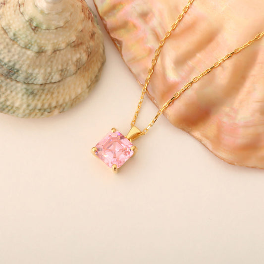 Pink Tourmaline Square Necklace in 14K Solid Gold | October Birthstone Pendant Queen Jewelry Necklace