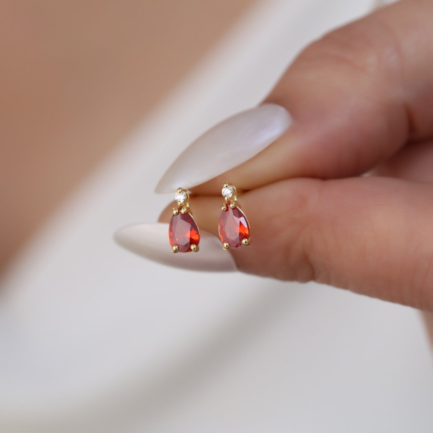 Garnet Drop Stud Earrings in 10K/14K Solid Gold with Real Diamond, January Birthstone Jewelry