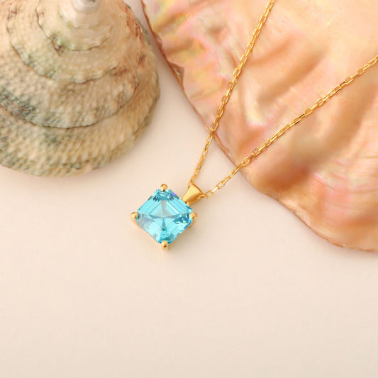 Blue Topaz Square Necklace in 14K Solid Gold | December Birthstone Pendant Queen Jewelry Necklace