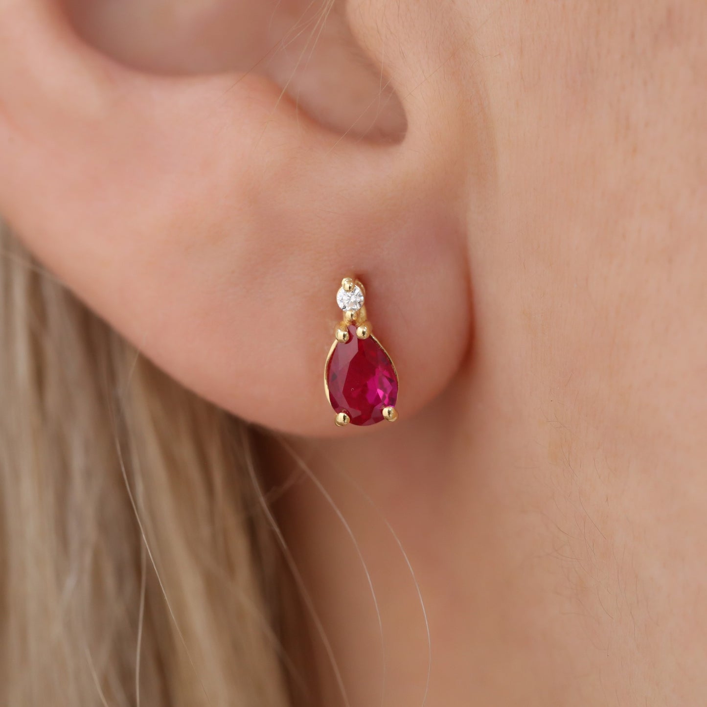 Ruby Drop Stud Earrings in 10K/14K Solid Gold with Real Diamond, July Birthstone Jewelry