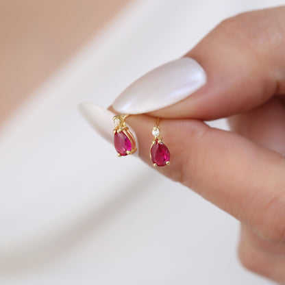 Ruby Drop Stud Earrings in 10K/14K Solid Gold with Real Diamond, July Birthstone Jewelry