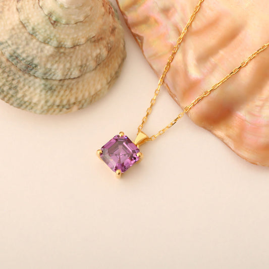 Amethyst Square Necklace in 14K Solid Gold | February Birthstone Pendant Queen Jewelry Necklace