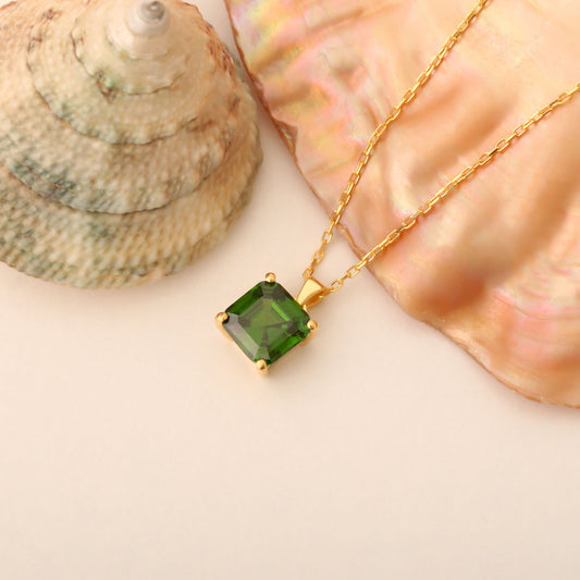Emerald Square Necklace in 14K Solid Gold | May Birthstone Pendant Queen Jewelry Necklace