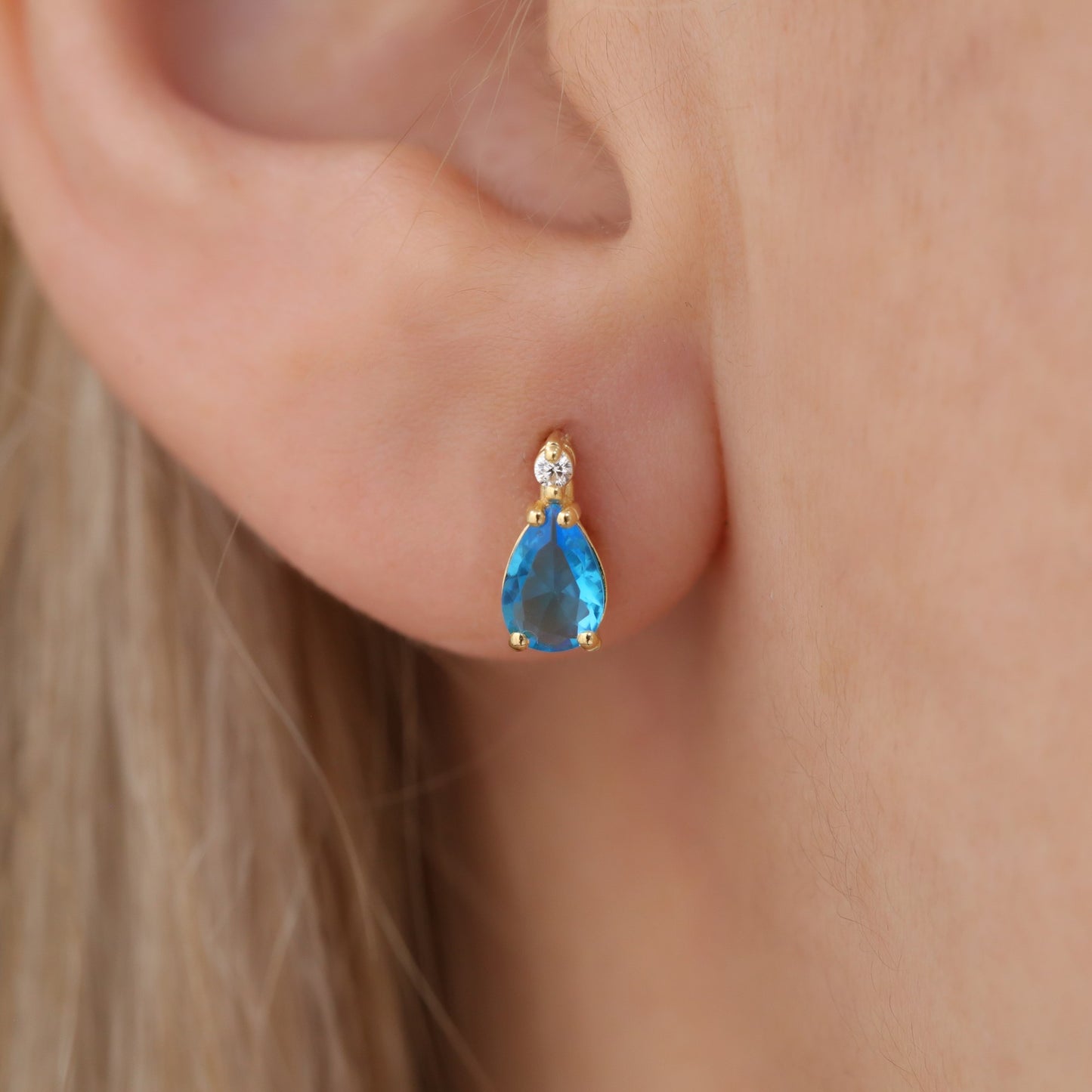 Blue Topaz Drop Stud Earrings in 10K/14K Solid Gold with Real Diamond, December Birthstone Jewelry